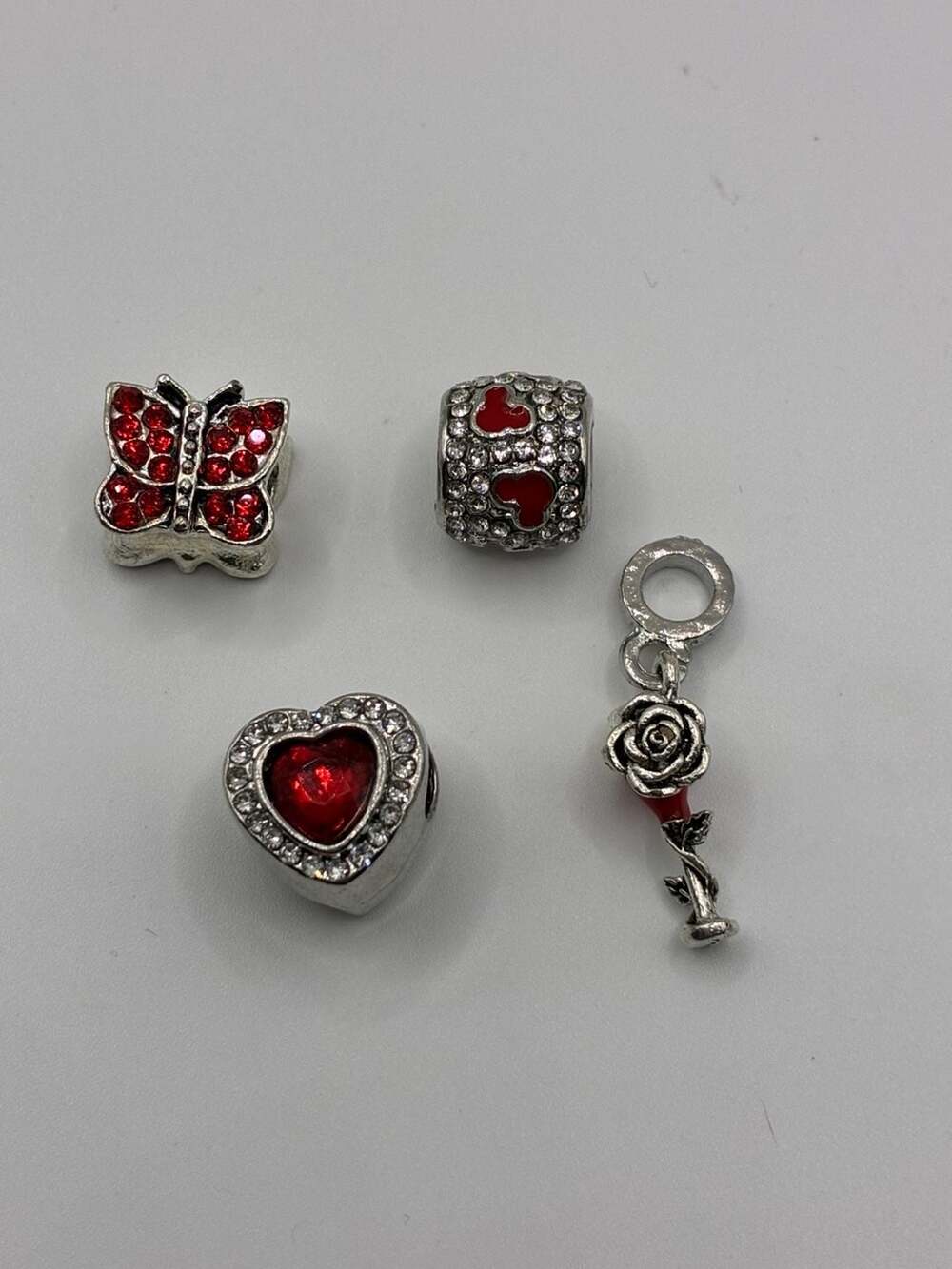 Charm Style Red Enamel and Rhinestone Charm Bead Set including Butterfly, Heart,